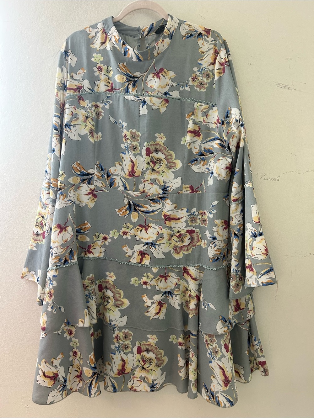 Suzanne Betro Sage Blue Floral Long Sleeve Tiered Dress